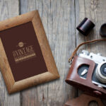 Retro Vintage Wooden Photo Frame Laying on Wooden Floor Mockup