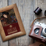 Retro Vintage Wooden Photo Frame Laying on Wooden Floor Mockup