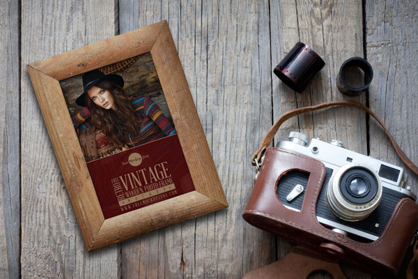 Retro Vintage Wooden Photo Frame Laying on Wooden Floor Mockup