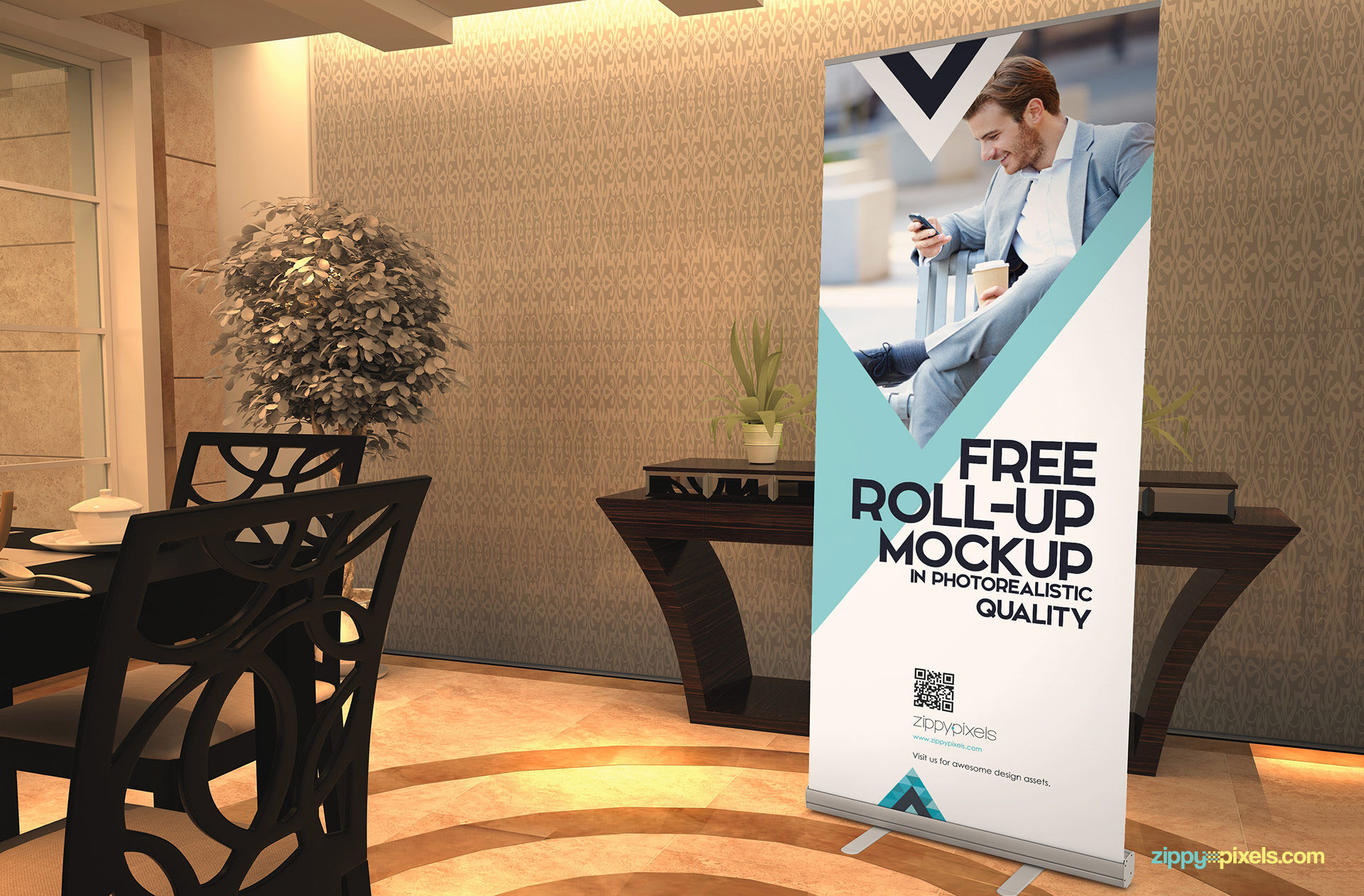 Roll Up Banner Placed in a Resturaunt Mockup FREE PSD