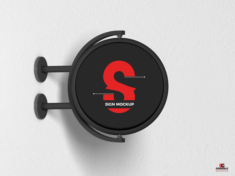 Round Signage Put up on the Wall in Half-Side View Mockup