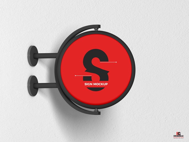 Round Signage Put up on the Wall in Half-Side View Mockup