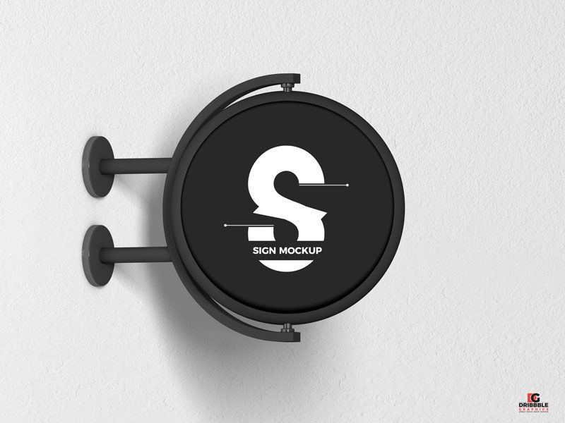 Round Signage Put up on the Wall in Half-Side View Mockup