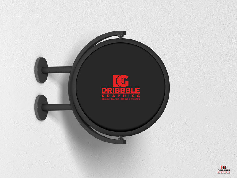 Round Signage Put up on the Wall in Half-Side View Mockup