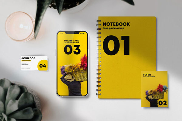 Scene Creator Mockup with Smartphone, Flyer, Notebook, and Business Card