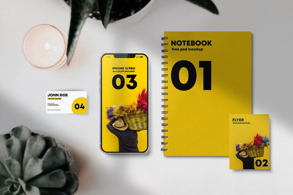 Scene Creator Mockup with Smartphone, Flyer, Notebook, and Business Card