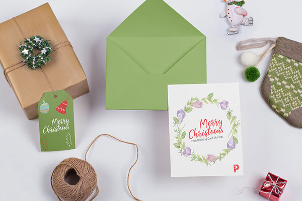 Set of Christmas Greeting Card and Label Mockup