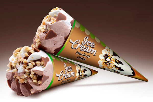 Set of Three Realistic Cone Ice Cream Packaging Mockup