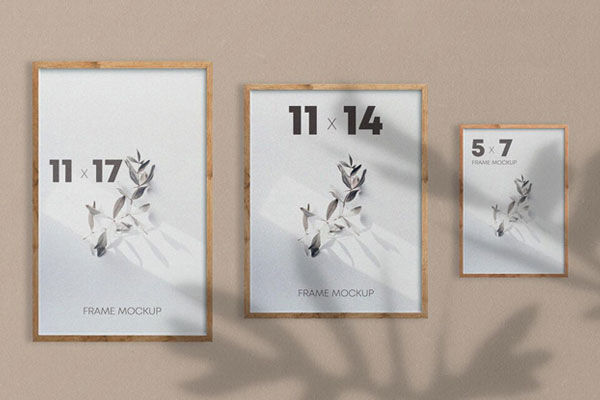 Set of Three Wooden Poster Frames Mockup