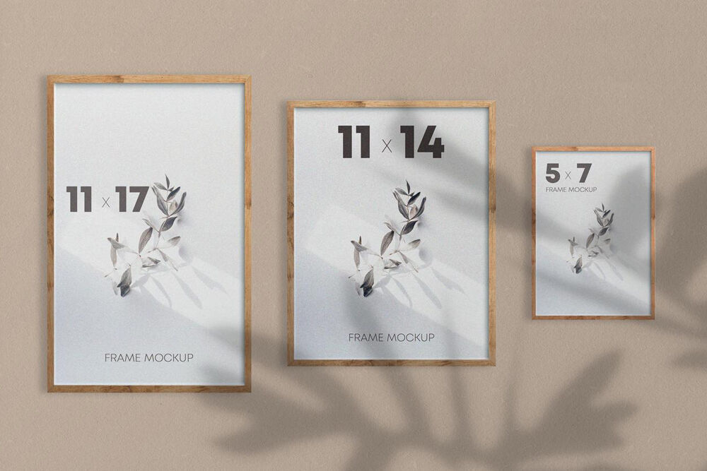Set of Three Wooden Poster Frames Mockup