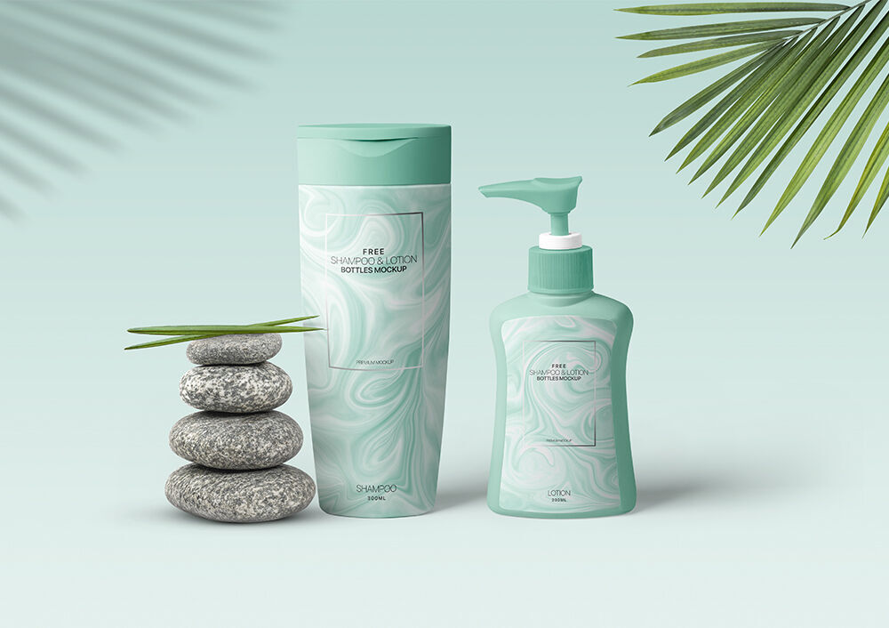 Shampoo and Lotion Bottle Mockup with Leaves and Stones
