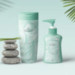 Shampoo and Lotion Bottle Mockup with Leaves and Stones