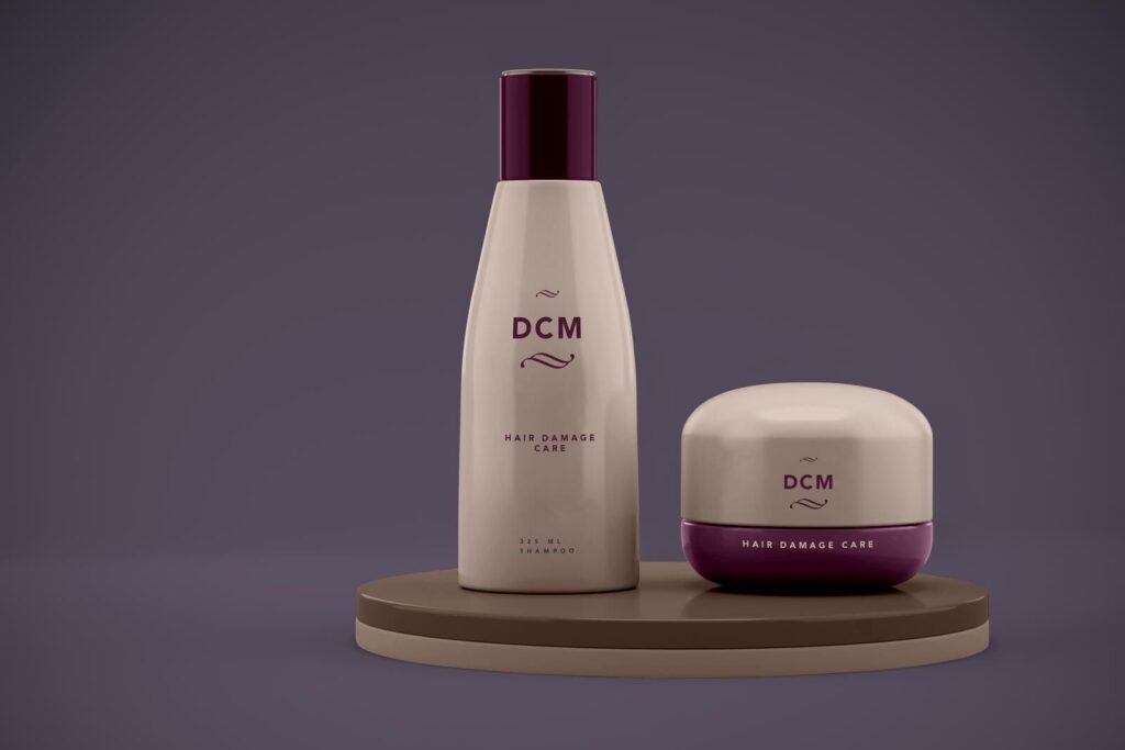 Shampoo Bottle and Cream Jar Cosmetic Mockup on a Plate