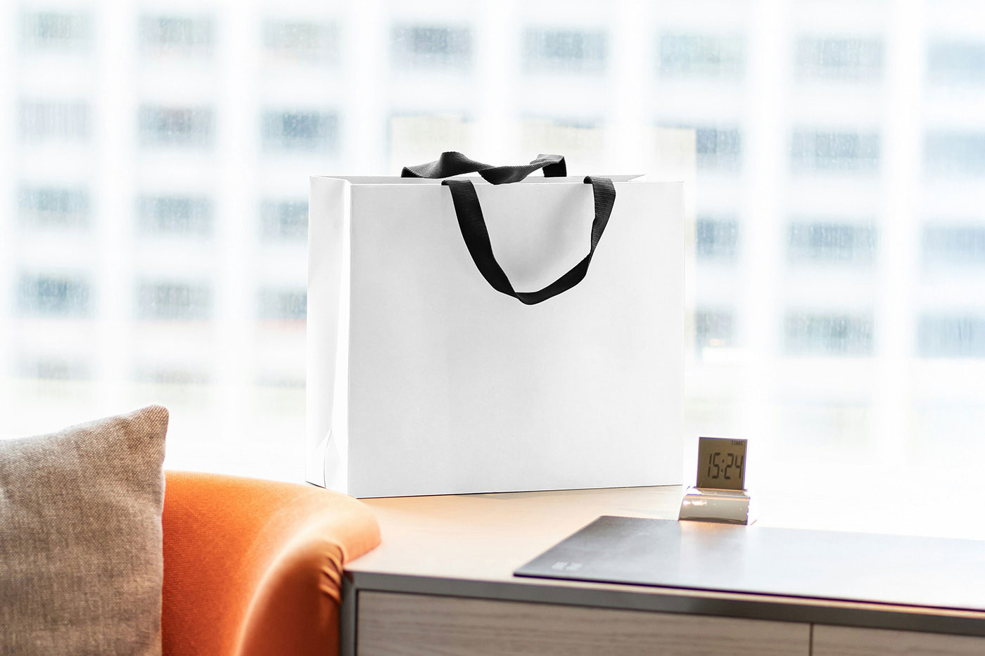 Free Shopping Bag on Table Mockup PSD Template