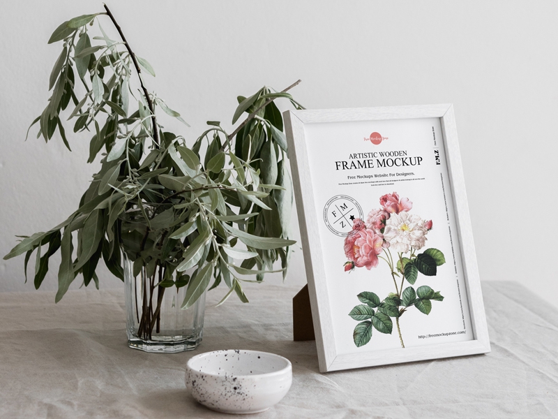 Side View of an Artistic Wooden Frame on a Table Mockup