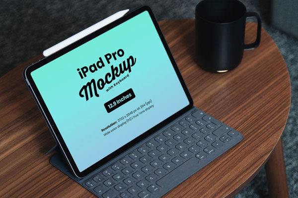 Side View of an iPad Pro on a Wooden Table Mockup