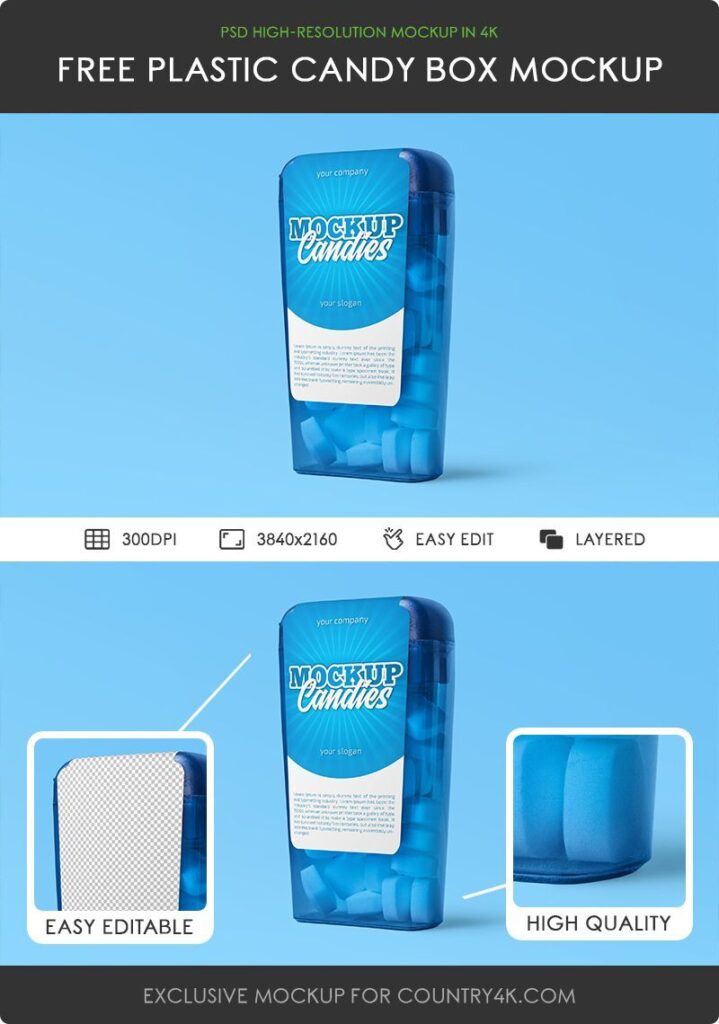 Side View of Clear Plastic Candy Box Packaging Mockup