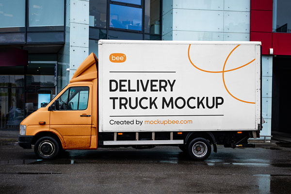 Side View of Delivery Truck on Street Mockup