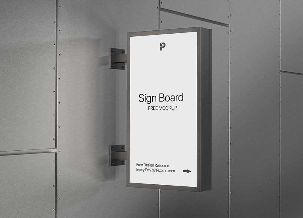 Side View of Vertical Logo Signboard Mockup on Metallic Wall