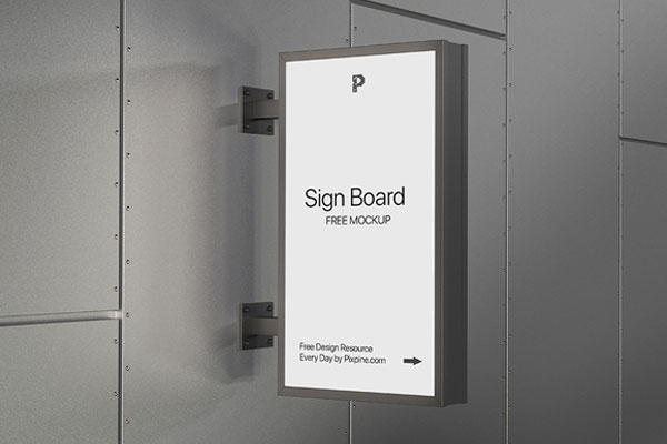Side View of Vertical Logo Signboard Mockup on Metallic Wall