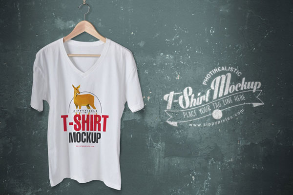 Simple V Neck T-Shirt on a Wooden Hanger Mockup