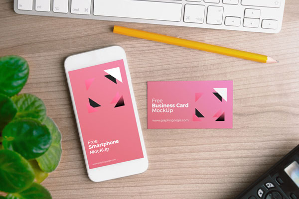 Smartphone With Business Card on Wooden Surface Mockup
