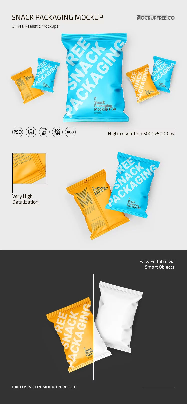 Free Snack Packaging Mockup in 3 Shots PSD Template