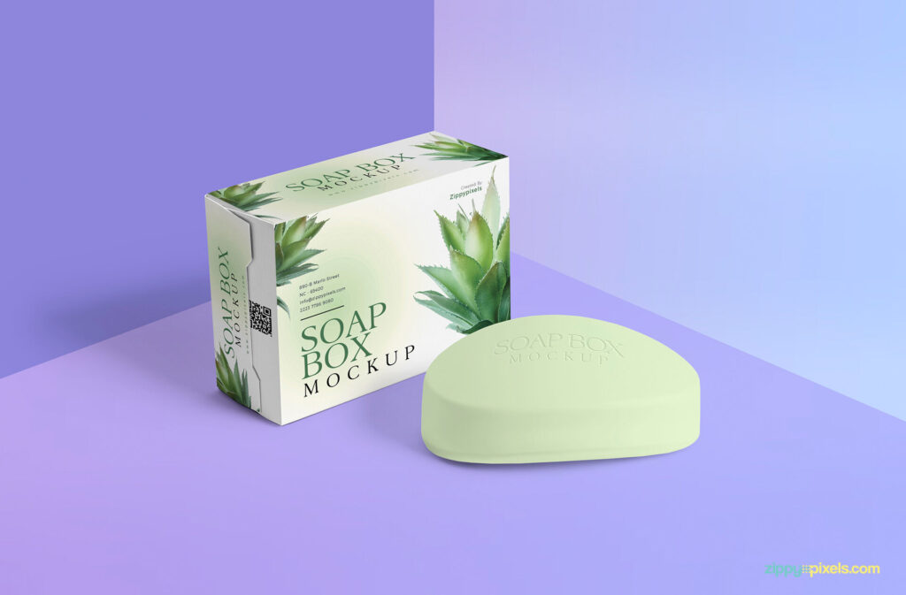 Soap Bar Mockup Along with the Packaging Box in Perspective