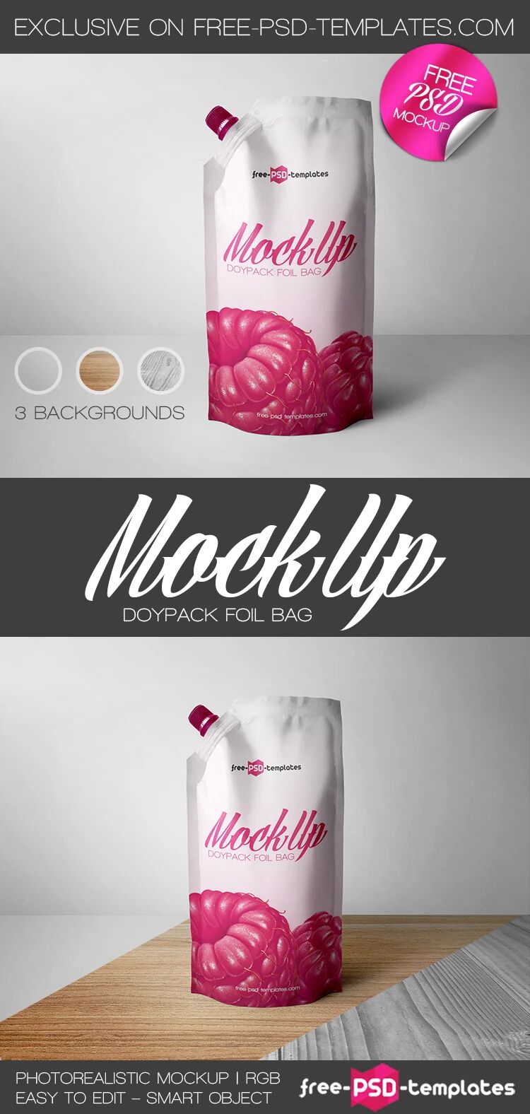 Spout Pouch Standing in Front View Mockup Featuring 3 Different Backgrounds FREE PSD