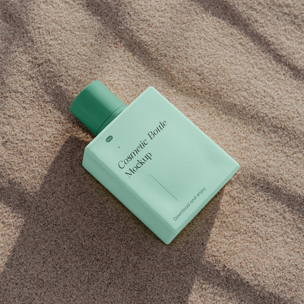 Square Bottle Mockup on Beach in Perspective View