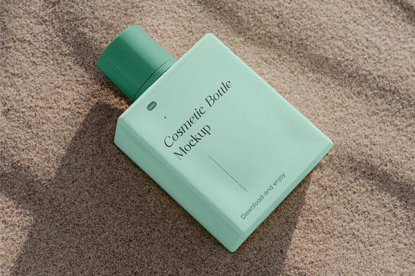 Square Bottle Mockup on Beach in Perspective View