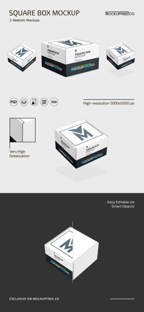 Square Box Mockup in 3 Showcases