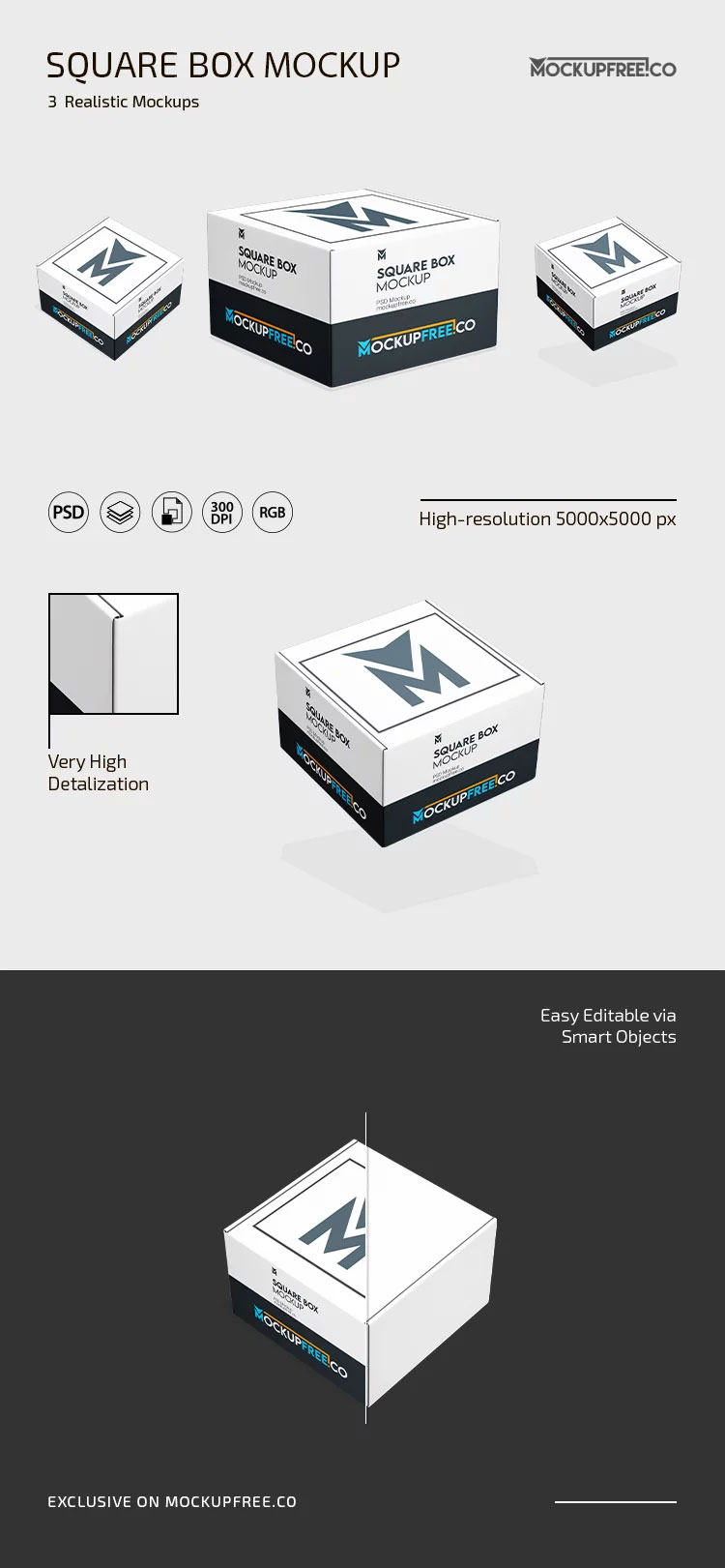 Free Square Box Mockup in 3 Showcases PSD Template