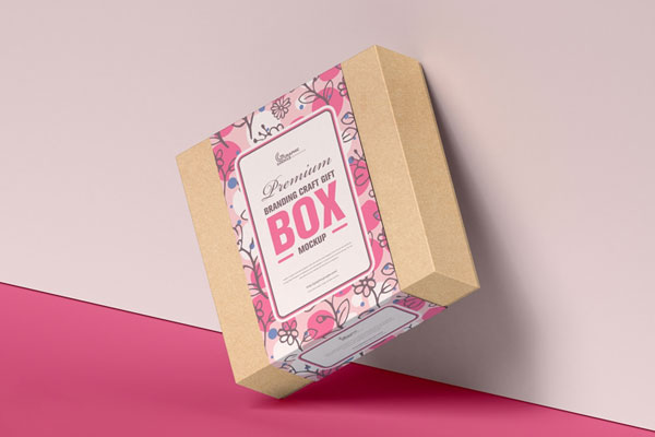 Square Branding Craft Gift Box Mockup Standing on One Edge