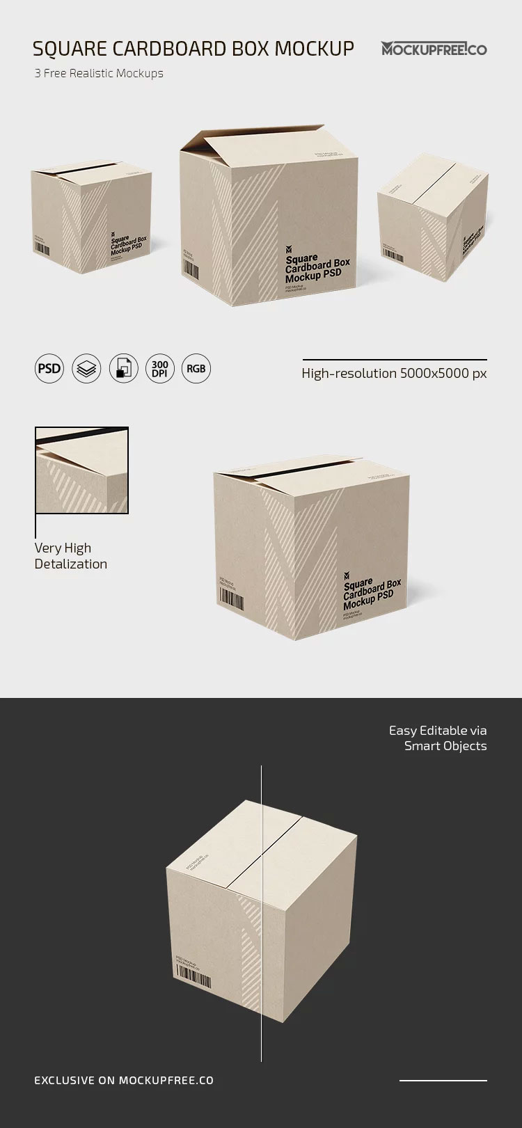 Free Square Cardboard Box Mockup Design PSD Template