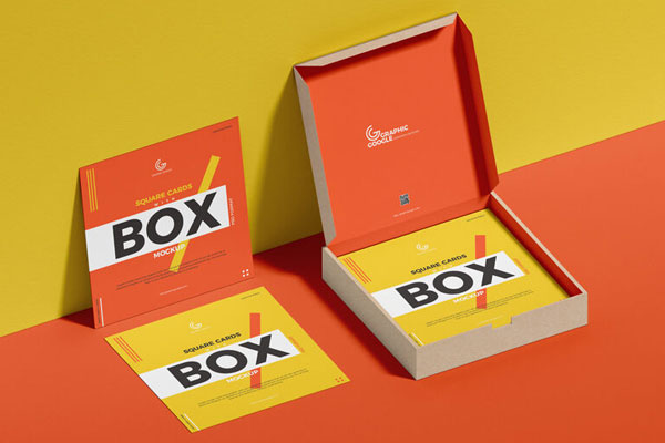 Square Cards With Box Mockup Laid on the Wall