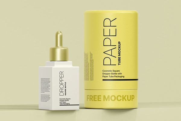 Square Cosmetic Dropper Mockup with Paper Tube Packaging mockup preview