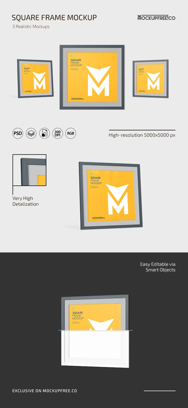 Free Square Frame Mockup in 3 Sights PSD Template