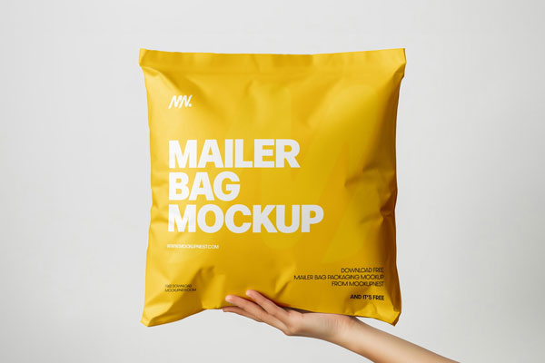 Square Paper Mailer Bag Mockup Holding by Hand