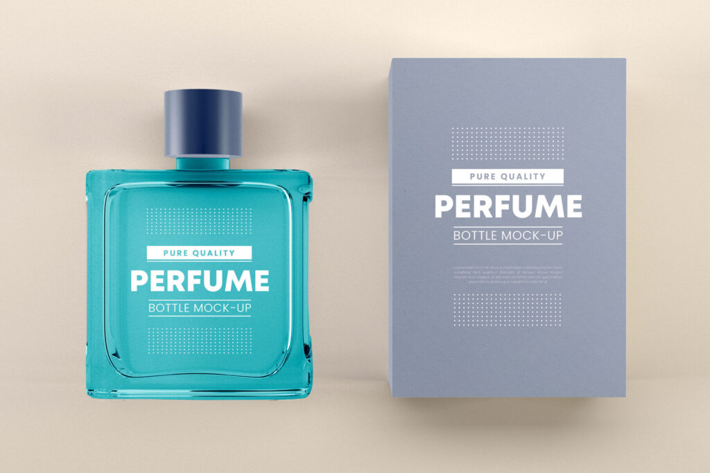 Square Perfume Bottle and its Packaging Box in Top View Mockup