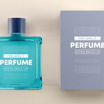 Square Perfume Bottle and its Packaging Box in Top View Mockup