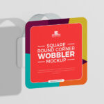 Square Shelf Wobbler Attached to the Wall in Half-Side View Mockup