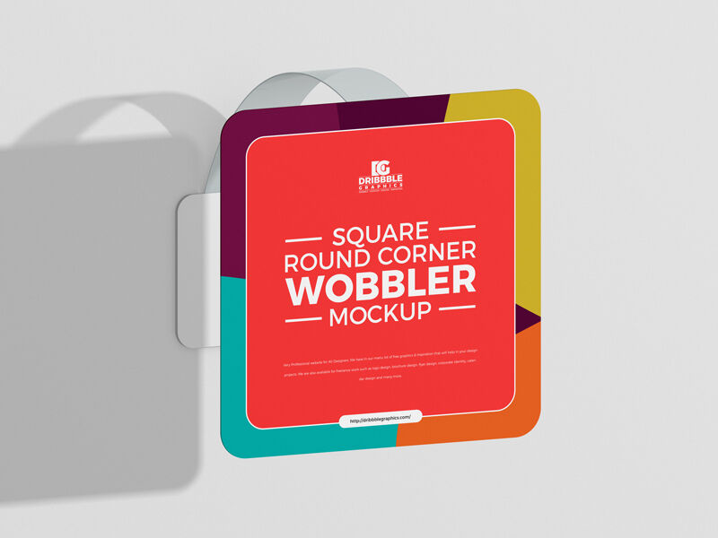 Square Shelf Wobbler Attached to the Wall in Half-Side View Mockup