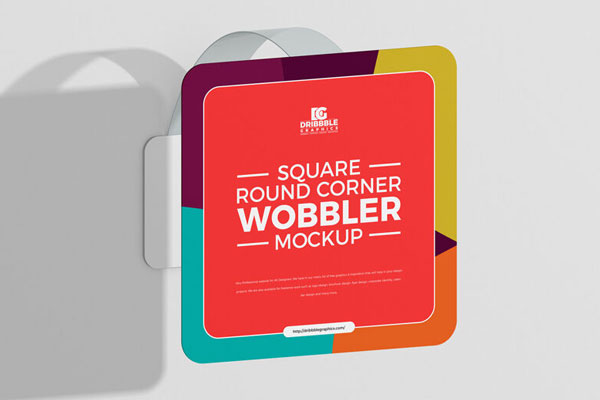 Square Shelf Wobbler Attached to the Wall in Half-Side View Mockup