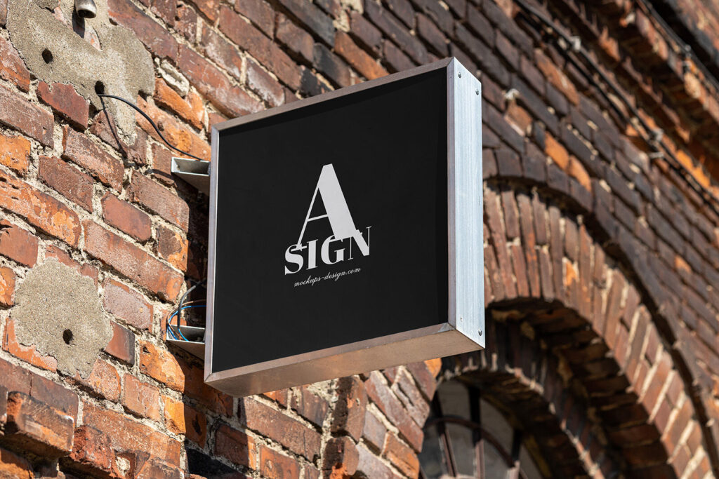 Square Sign Stick on the Side to an Old Brick Wall Mockup