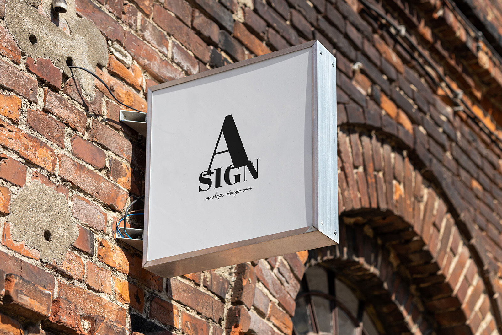 Square Sign Stick on the Side to an Old Brick Wall Mockup FREE PSD