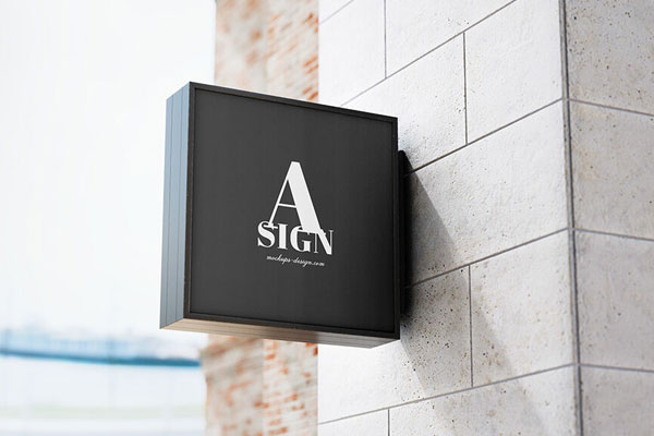 Square Signage Mockup Put in on Concrete Wall in Half-Side View