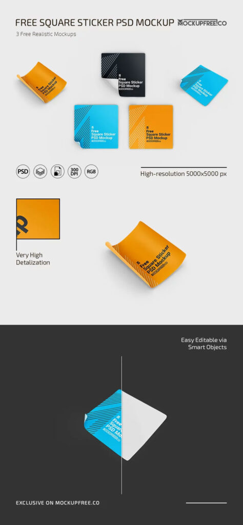 Square Sticker Mockup in 3 Sights