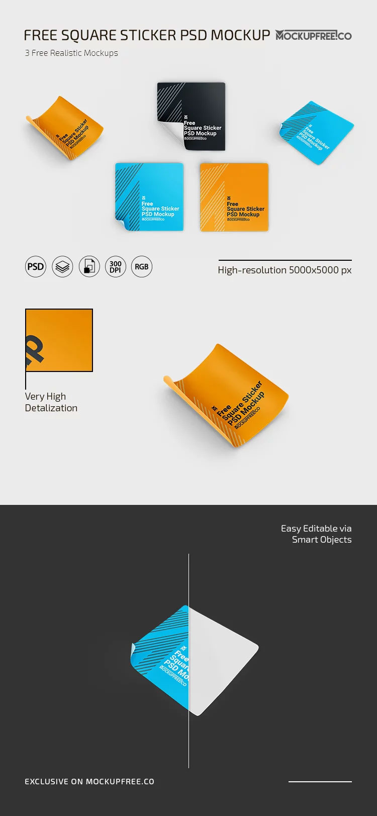 Free Square Sticker Mockup in 3 Sights PSD Template