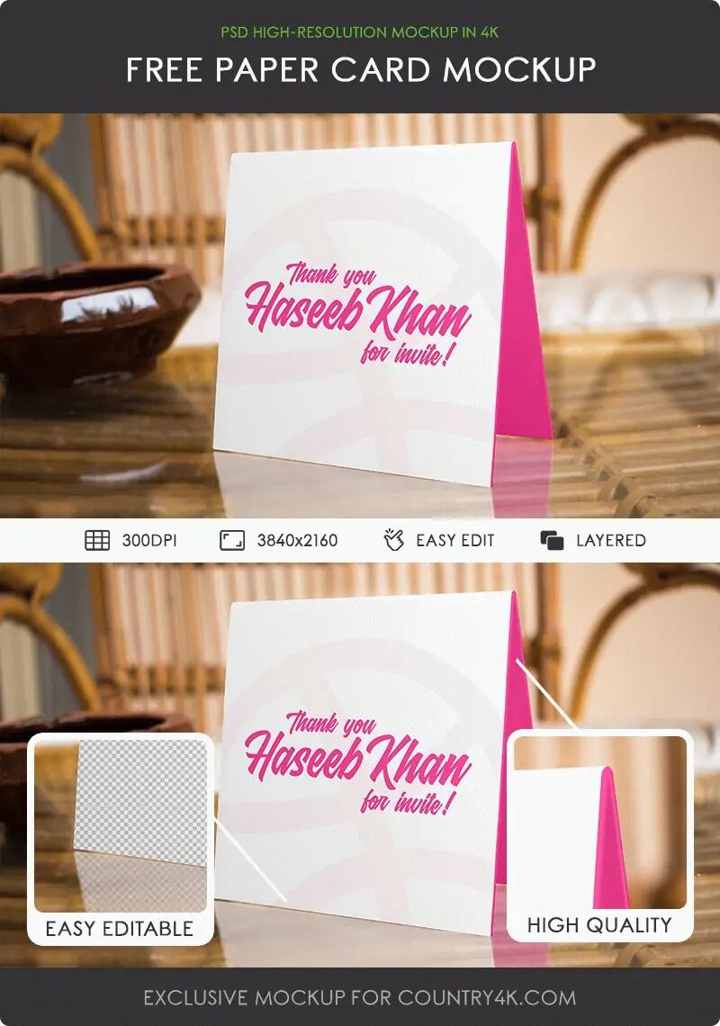 Standing Paper Card Mockup on Table FREE PSD